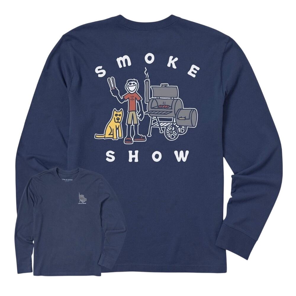 Life Is Good Smoke Show Long Sleeve Tee, Navy, BBQ Grill Dad & Dog, Small, NWT